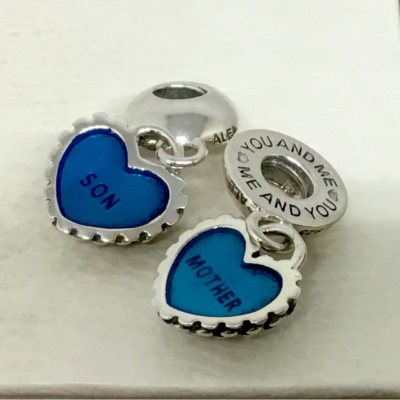 Pandora 2pc Mother Son Blue Enamel Sterling Silver Heart Dangle Charms S… - Picture 1 of 4